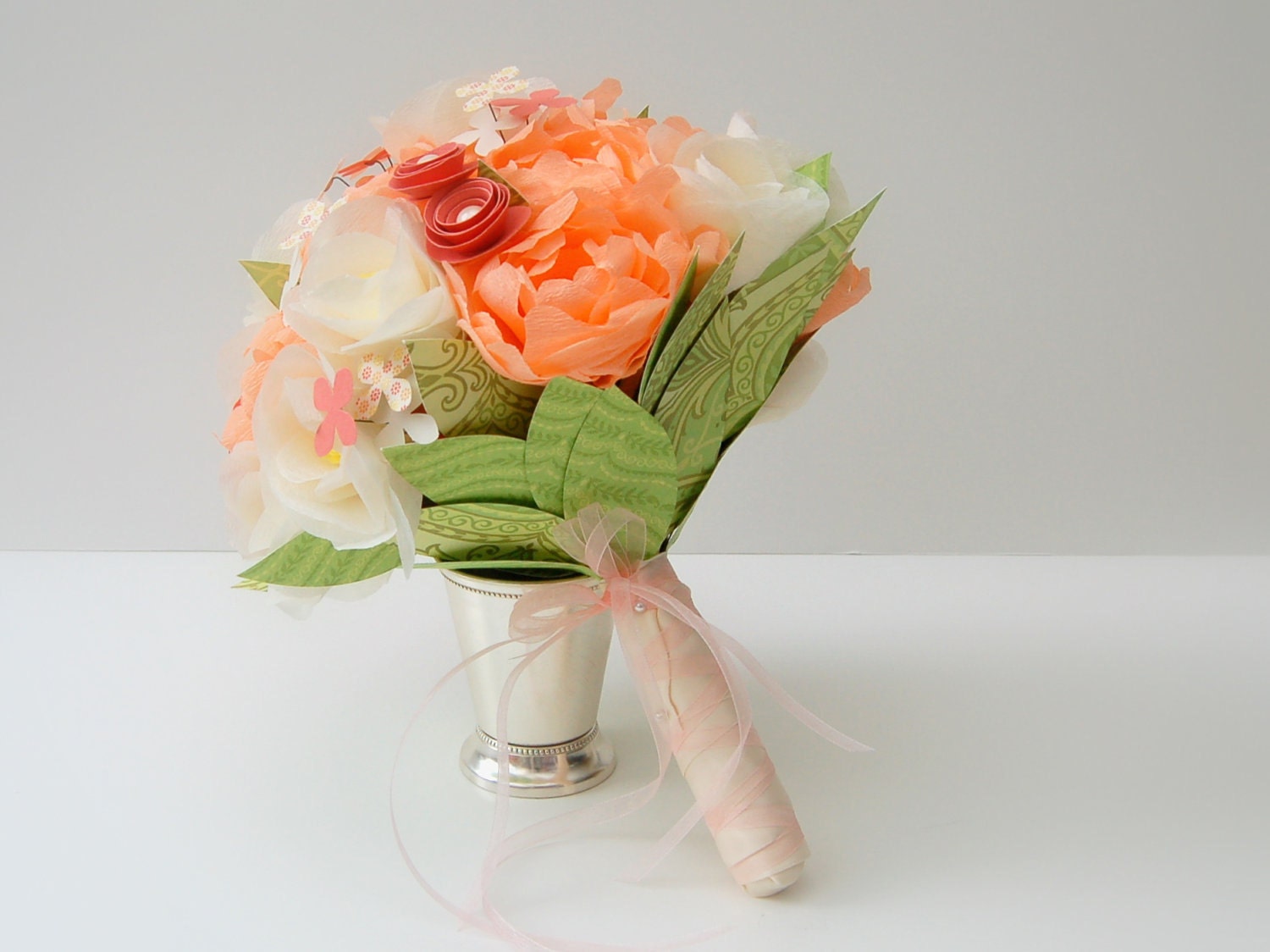Paper Wedding Flower Bouquet - Peach and Ivory Handmade Paper Flowers Bridal Bouquet