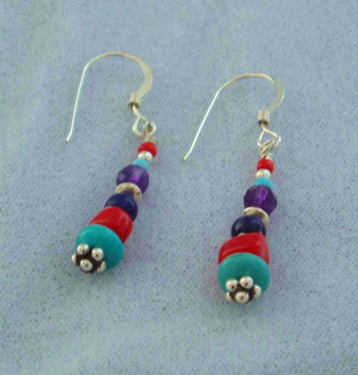 Earring Sterling Silver Turquoise, Coral, Lapis, Amethyst Southwest Colors Dangle Red Blue Purple Jewelry