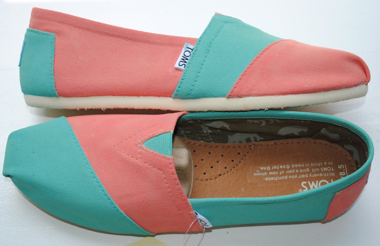 Womens Custom Hand Painted TOMS in Coral and Light Blue