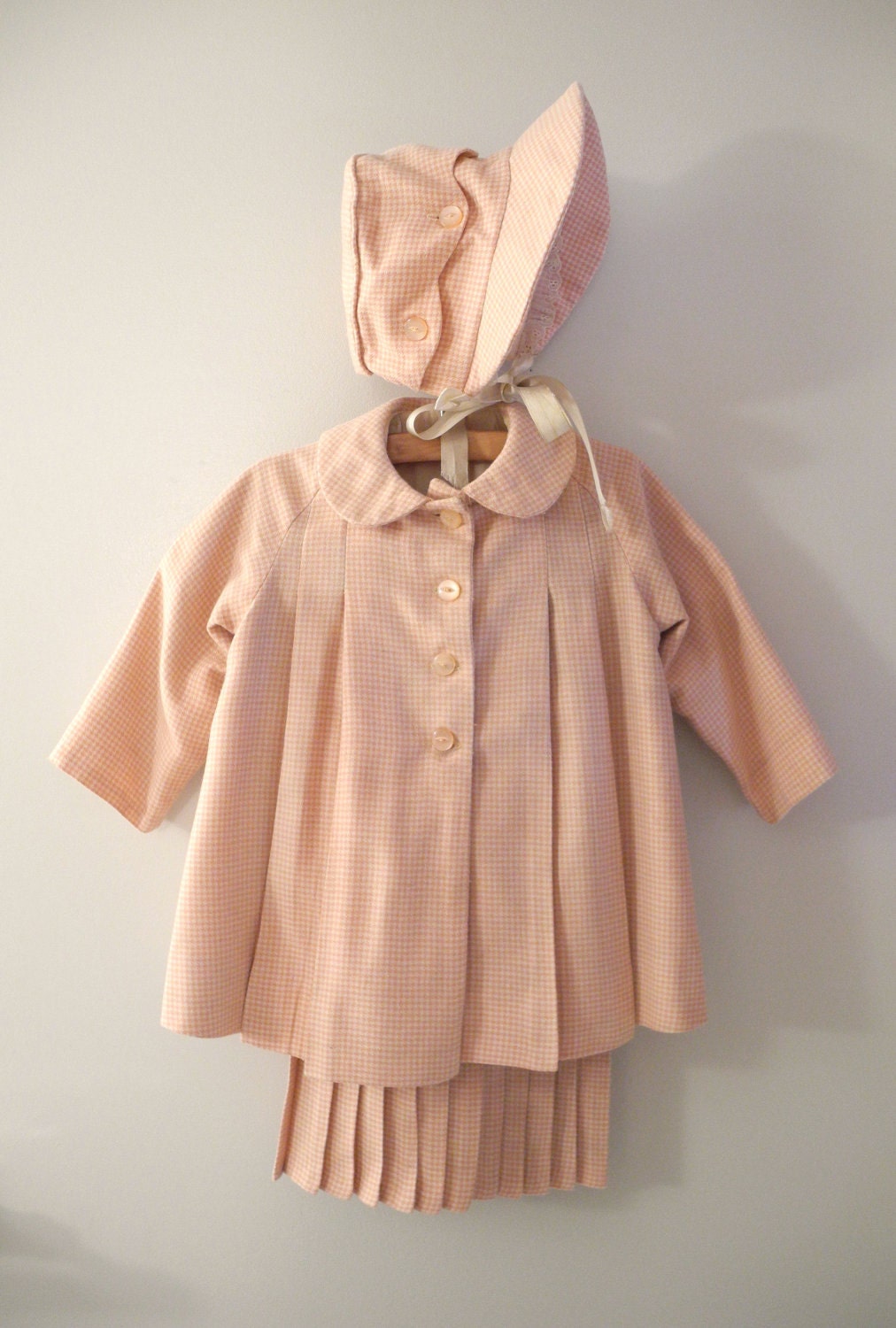 1940's Pink and Ivory Wool Houndstooth Swing Coat, Dress and Bonnet Set