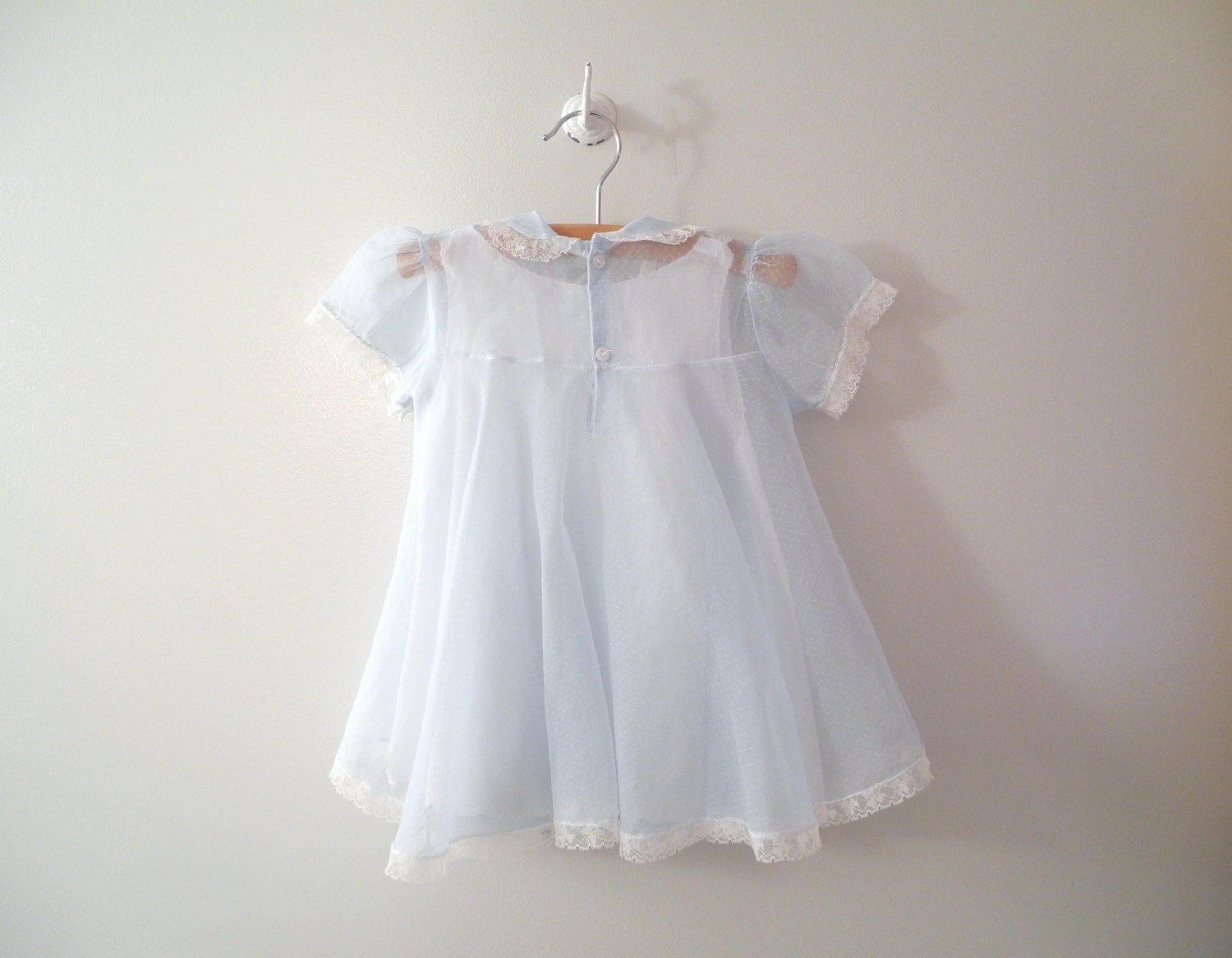 1950s Powder Blue and White Dotted Swiss Chiffon Dress and Petticoat
