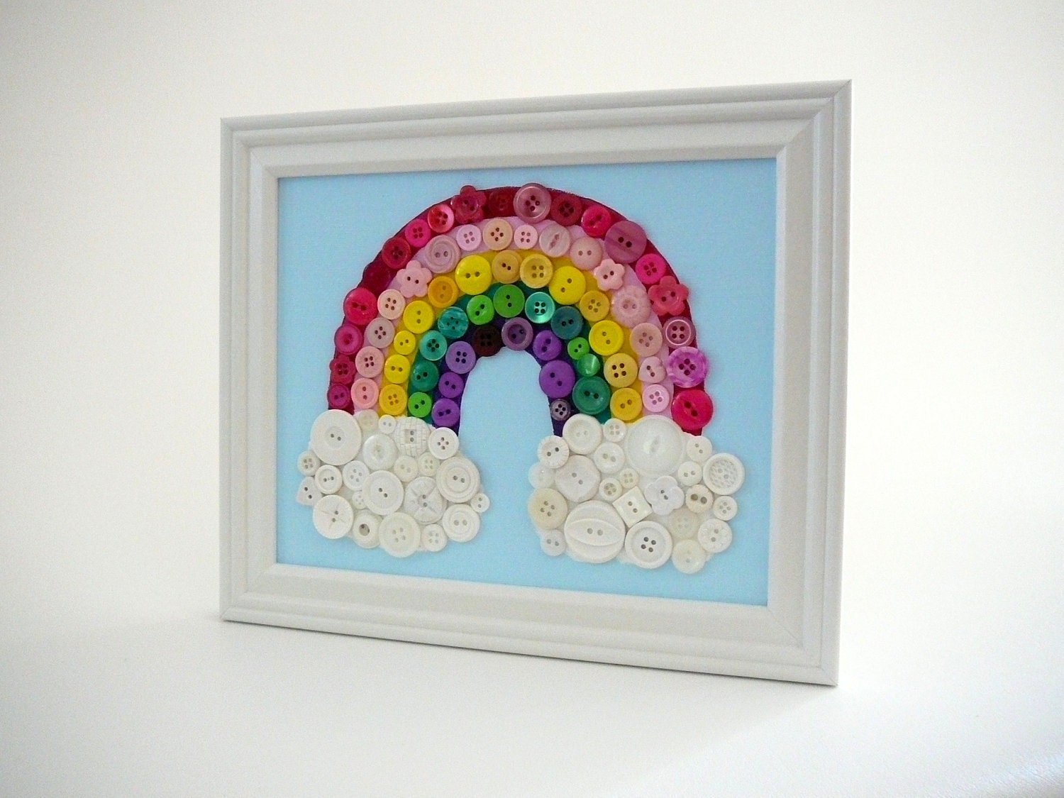 Baby Nursery Wall Art, Rainbow Button Art Wall Hanging, Button Art, Upcycled Canvas Painting Framed 8x10 Made to Order