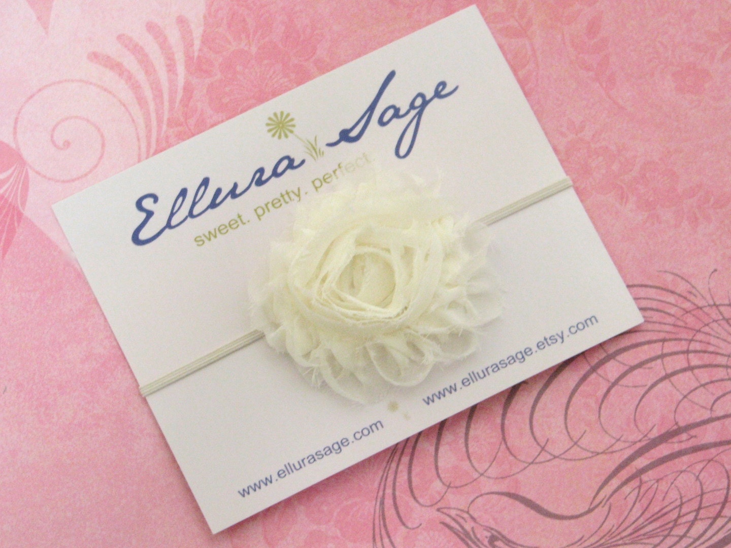 Baby Headbands - Newborn Headband - Ivory Shabby Chic Chiffon Rosette Skinny Headband - Photography Prop Wedding Flower Girl