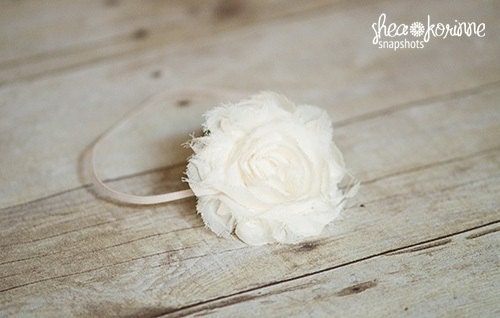 Baby Headbands - Newborn Headband - Ivory Shabby Chic Chiffon Rosette Skinny Headband - Photography Prop Wedding Flower Girl