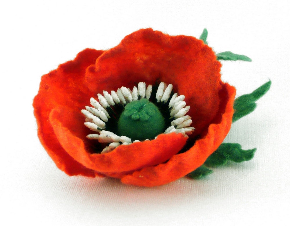 Felted flower hair clip red poppy eco friendly OOAK ready to ship gift under 35