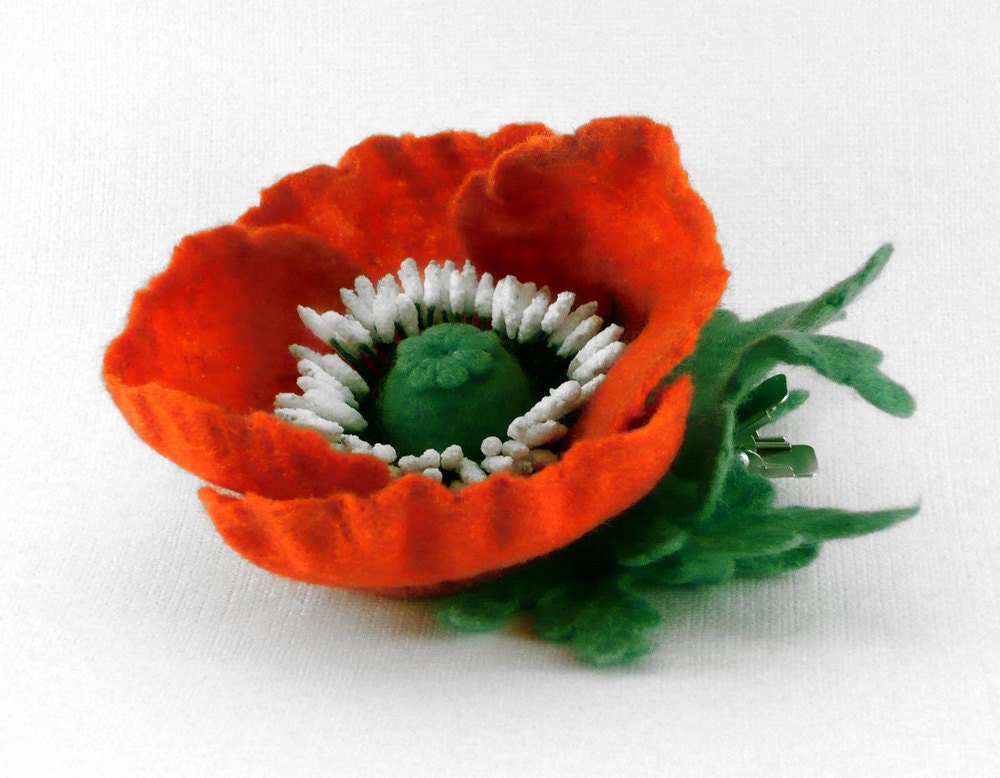 Felted flower hair clip red poppy eco friendly OOAK ready to ship gift under 35