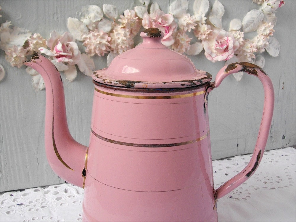 Fabulous Vintage French Antique Enamel Pink Coffeepot