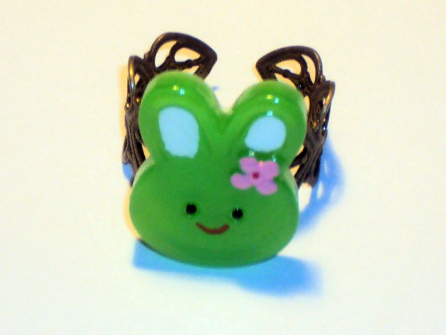 STORE CLOSING SALE Kawaii Bunny Rabbit Green and White Bronze Adjustable Ring