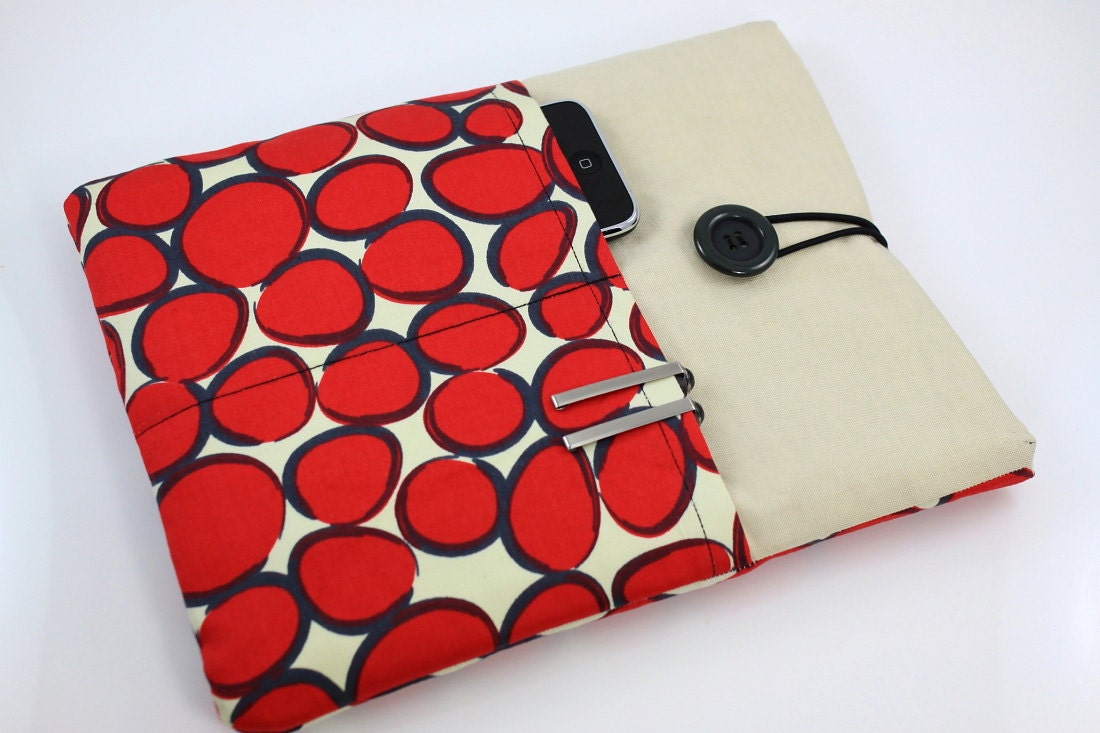 iPad Case, iPad Sleeve, iPad Cover, PADDED,  with pockets for iPhone - Red Polka Dots