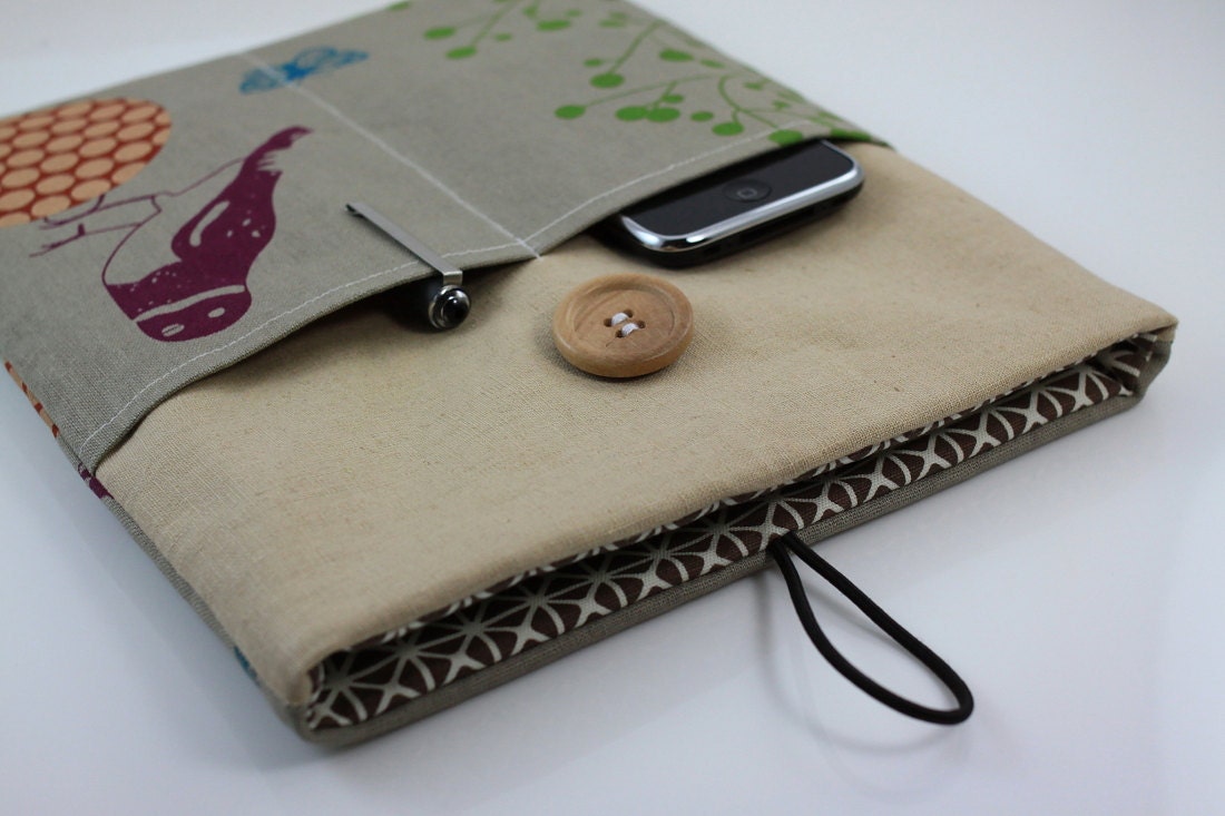 iPad Case, iPad Sleeve, iPad Cover, PADDED, with pockets for iPhone - Echino Bird - B