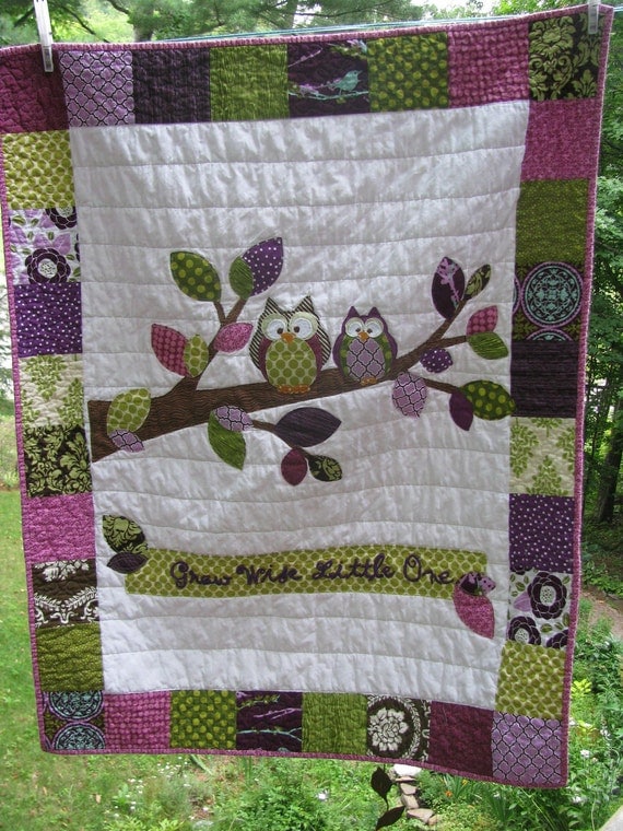 Woodland Owl baby quilt of flannel and cotton in earthy sage green, chocolate brown, deep eggplant/purple  with tree branch
