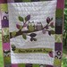 Woodland Owl baby quilt of flannel and cotton in earthy sage green, chocolate brown, deep eggplant/purple  with tree branch