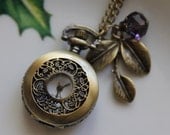 Victorian Filigree Flower Pocket Watch Necklace with Leaf and Crystal Charm