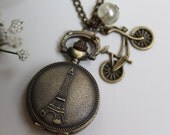 Time to Paris - Vintage Style Small Pocket Watch Necklace with Bicycle Charm