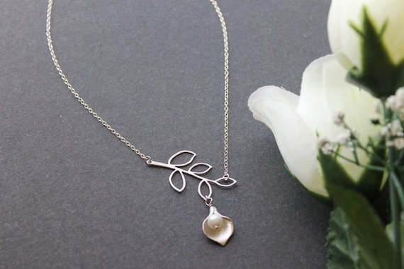 Calla Lily Necklace, Branch Lariat, Sterling Silver, Gifts for Mother or Girlfriend or Lady