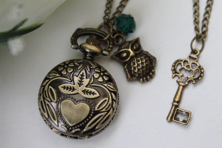 Victorian Style Heart and Flower Pocket Watch Necklace with Owl and Key Charm