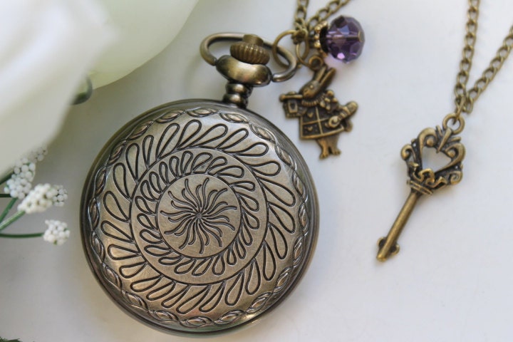 Alice in Wonderland - Vintage Filigree Pocket Watch Necklace with Rabbit and Skeleton Key Charm