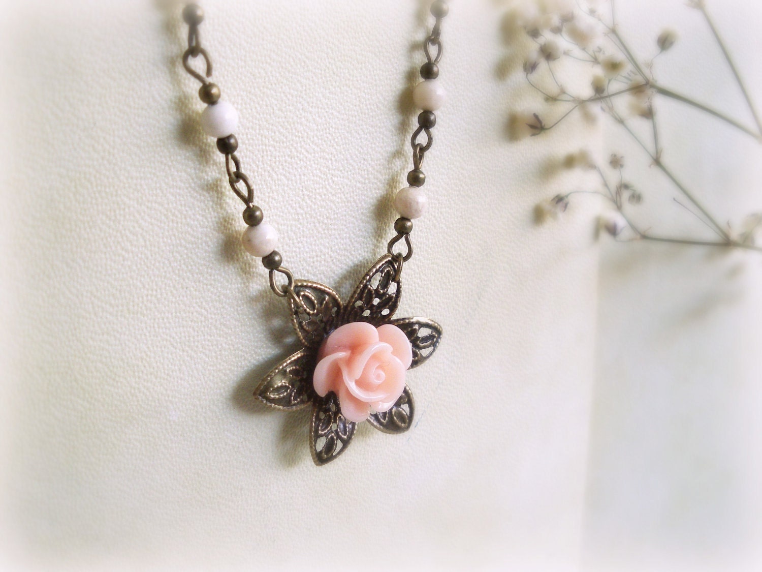 Powder rose - Romantic Necklace floral Soft pink rose flower cameo ivory fossil stones antiqued brass spring jewelry