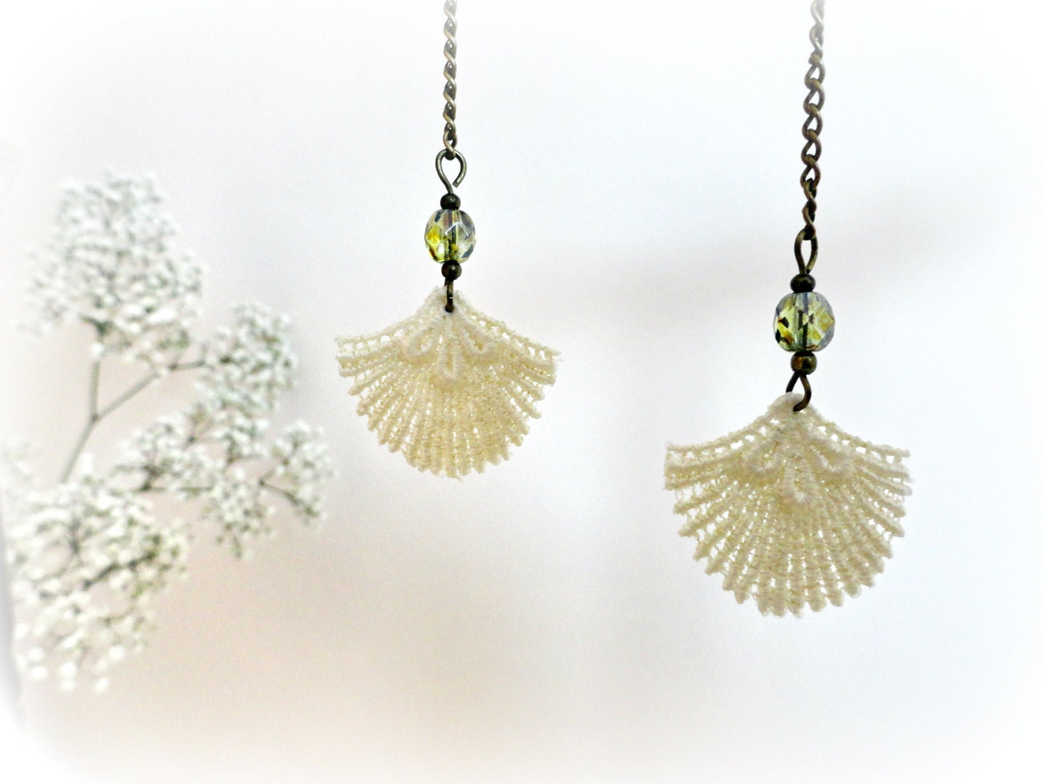 Lonicera - Romantic lace Shell earrings Czech glass olive green beads White ivory ecru nougat beige lace gift for her Sea lover