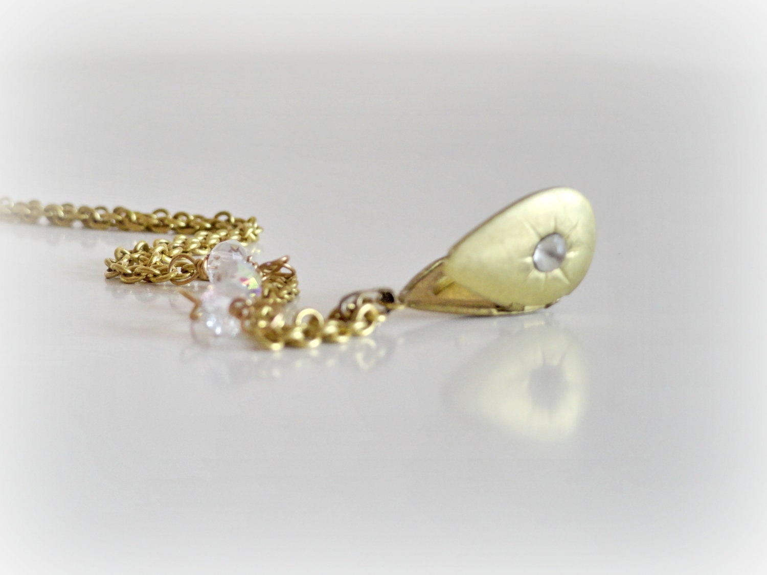 Wandering Star - Romantic small Vintage Locket necklace Shiny clear rhinestone Czech glass Brass trinquet  Gift for her keepsake secret