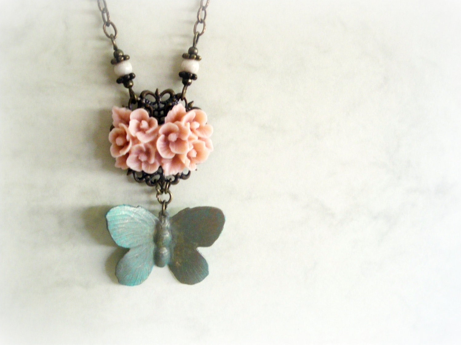 Butterfly and roses - Romantic Necklace blue turquoise Pink resin flower cameo verdigris patina ivory filigree gift for her Woodland jewelry