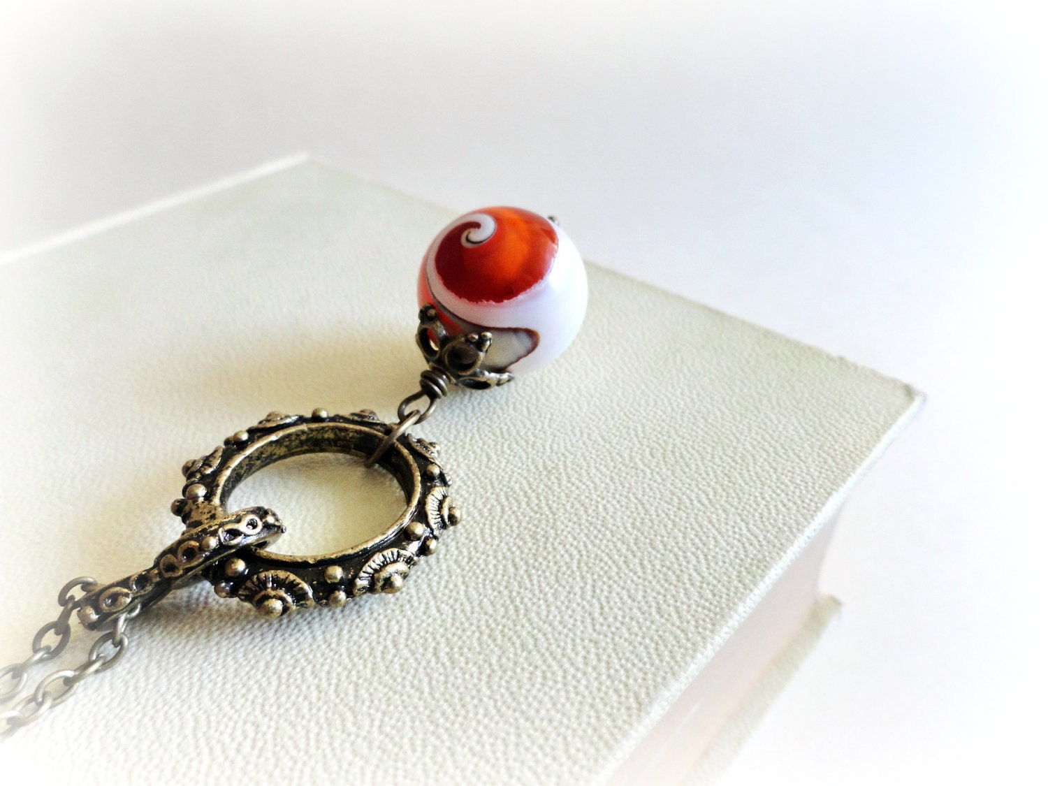 Apple snail- long Necklace Shell pendant Orange  angerine citrus white antiqued brass gift for her