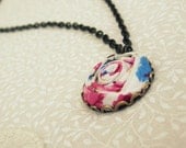 Vintage Rose Necklace in Candy Fuchsia Pink & Bright Peacock Blue Floral Fabric Flower