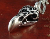 Bird Skull Necklace - Eagle Skull Necklace with Tribal Motif, Antique Silver Skull on 18" Antique Silver Chain