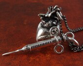 Anatomical Heart and Syringe Necklace - Antique Silver Pendant on 24" Gunmetal Chain
