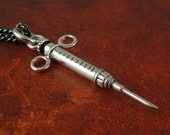Syringe Necklace Antique Silver Syringe Pendant on 24" Gunmetal Chain