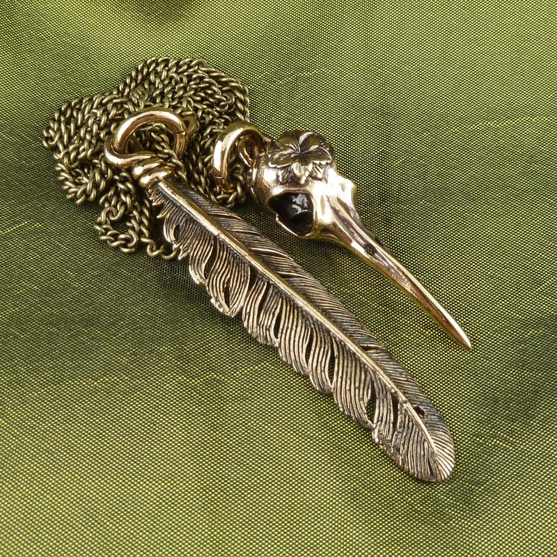 Feather and Hummingbird Skull Necklace Bronze Bird Skull and Feather Pendant on 24" Antique Bronze Chain