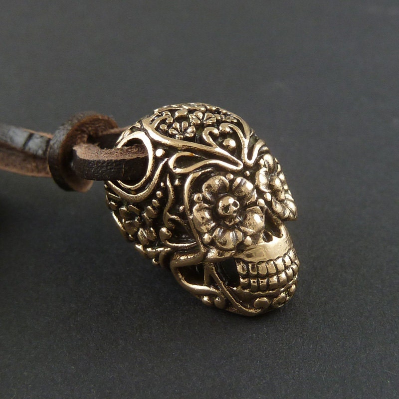 Day of the Dead Necklace Sugar Skull Pendant - Bronze, on Leather - Dia de los Muertos