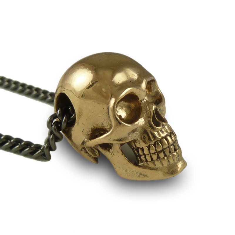 Human Skull Necklace Bronze Human Skull Pendant on 24" Gunmetal Chain