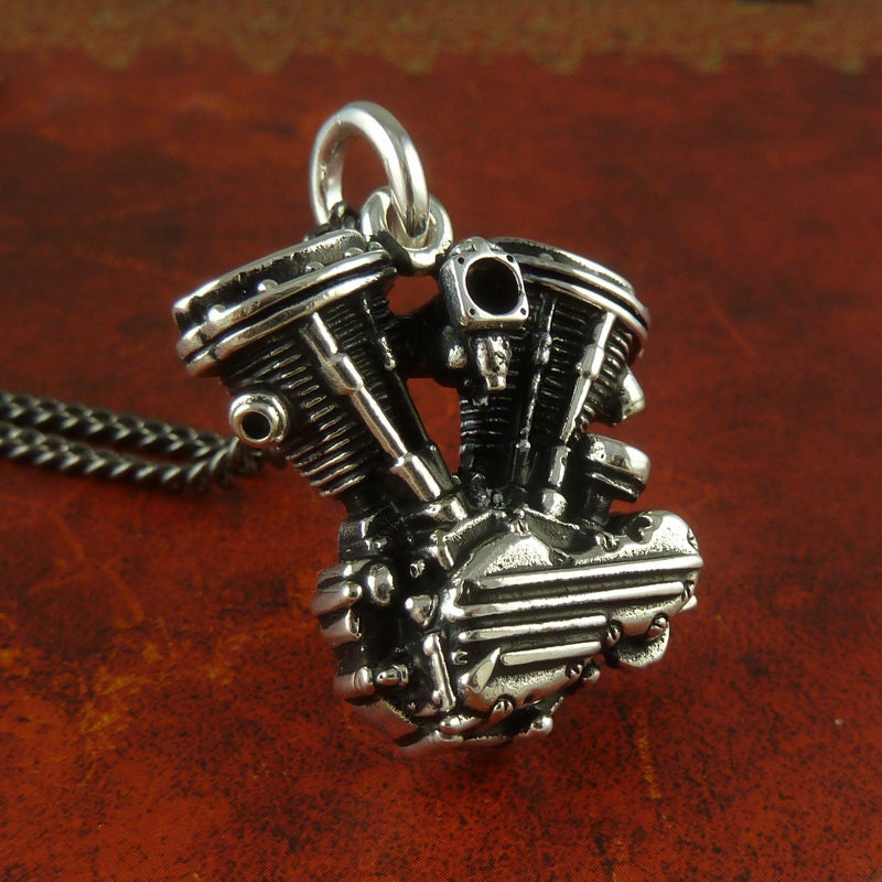 Motorcycle Engine Necklace Antique Silver Harley Davidson Panhead V Twin Pendant on 24" Gunmetal Chain