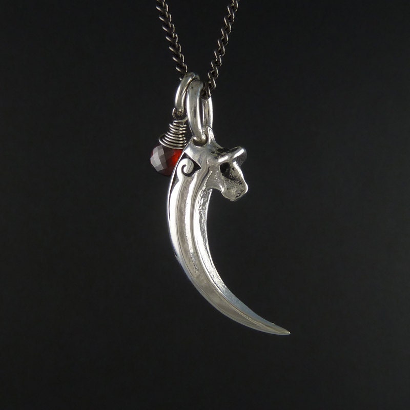 Raven Talon with Sterling Silver Wire Wrapped Garnet Necklace Antique Silver Raven Talon Pendant on 24" Gunmetal Chain - Raven Jewelry
