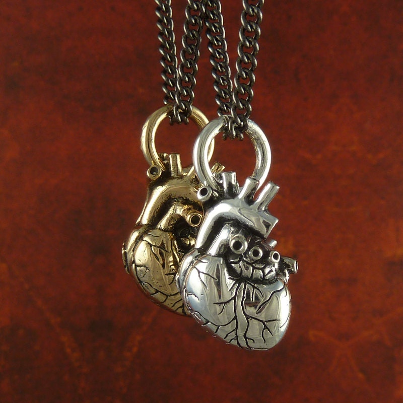 Anatomical Heart Necklaces - Small Size -  Antique Silver & Bronze Small Anatomical Heart Pendants on 24" Gunmetal Chain - Valentines Day
