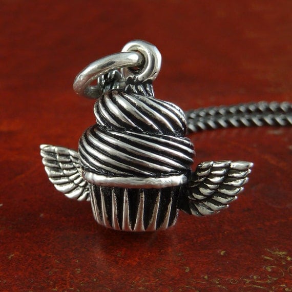Cupcake Jewelry Antique Silver Cupcake Pendant Necklace on 18" Gunmetal Chain