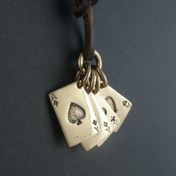 Playing Cards Necklace Bronze Aces Pendant on Leather