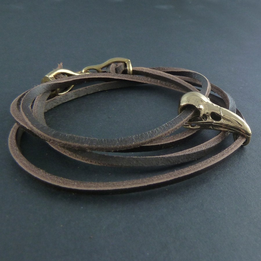 Bird Skull Bracelet Raven Skull Leather Bracelet - Bronze Skull on Leather Bracelet