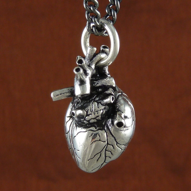 Anatomical Heart Necklace Antique Silver Anatomical Heart on 32" Gunmetal Chain