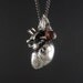 Anatomical Heart Necklace with Sterling Silver Wire Wrapped Garnet - Antique Silver Anatomical Heart Pendant on 24" Gunmetal Chain