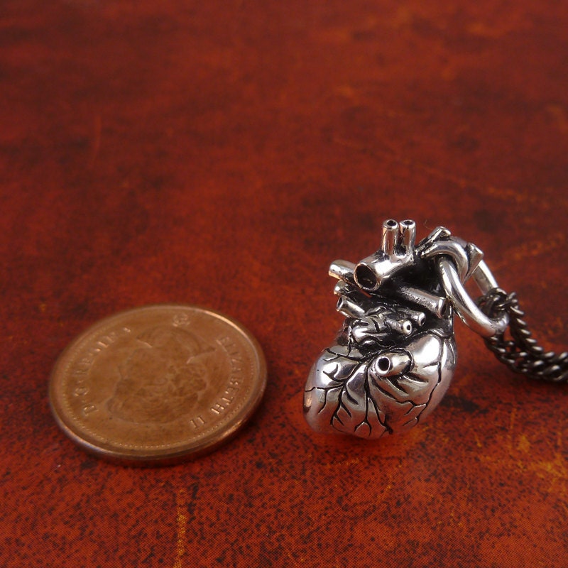 Small Anatomical Heart Necklace Antique Silver Small Anatomical Heart Pendant on 24" Gunmetal Chain