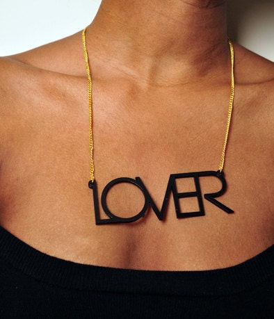 Lover Necklace - Laser Cut Black Acrylic Pendant, Gold Plated Chain