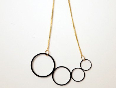 Round&Round Necklace - Laser Cut Black Acrylic Pendant, Gold Plated Chain