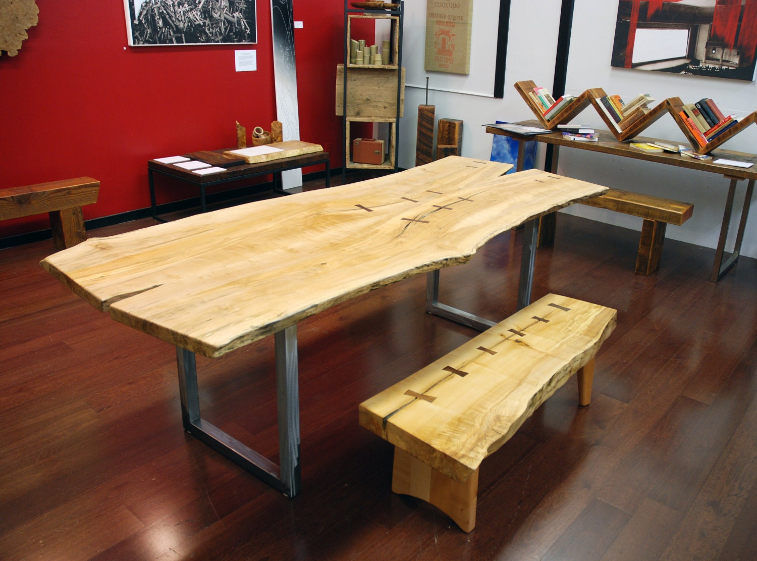 Natural Edge Salvaged Maple Slab Dining Table with Walnut Butterflys