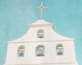 Church Bells - Fine Art Photography -  Blue, Sky, Cross, White, Silver, Gray, Aqua, Architect, Texture, Home Decor - 8x8