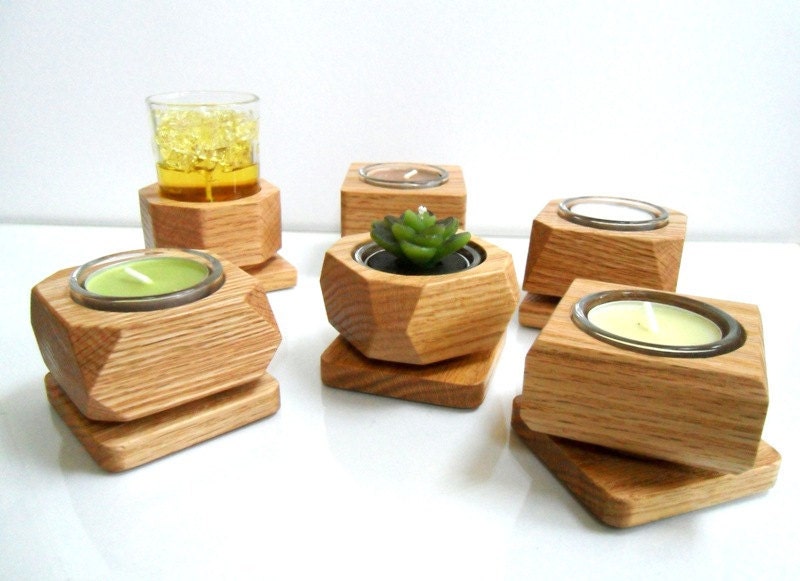 Modern Hand-Crafted Wood Candle / Pot Holder - Rotatable with glass containers and candles - Solid Oak - Made to Order