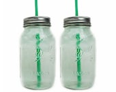 Two Large Mason Jar Tumblers - To-Go Canning Jar Travel Cups - Green Straws