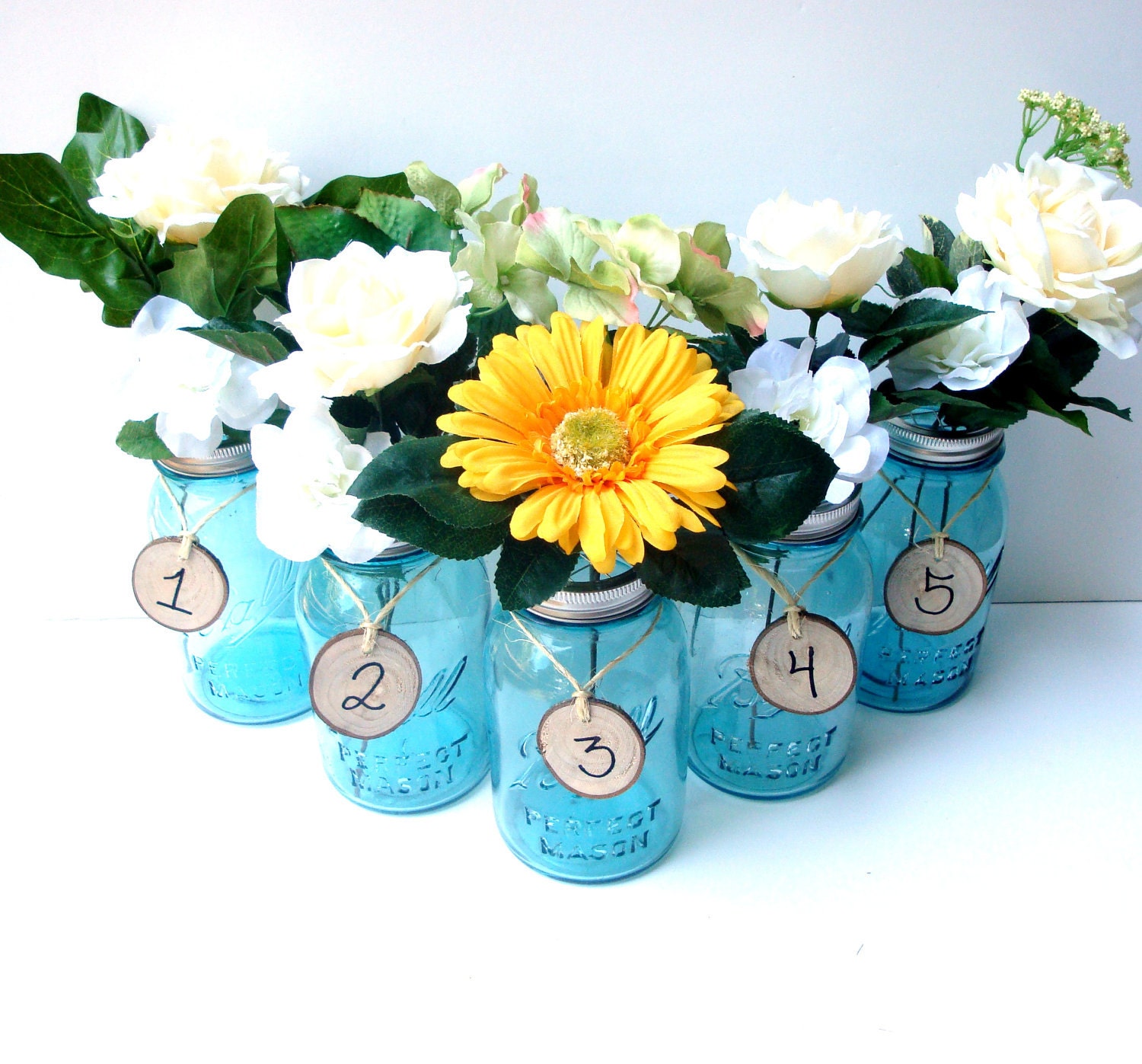 Antique Blue Mason Jar Vase Centerpieces Table Numbers With Flower Frog Lids - Set of 5