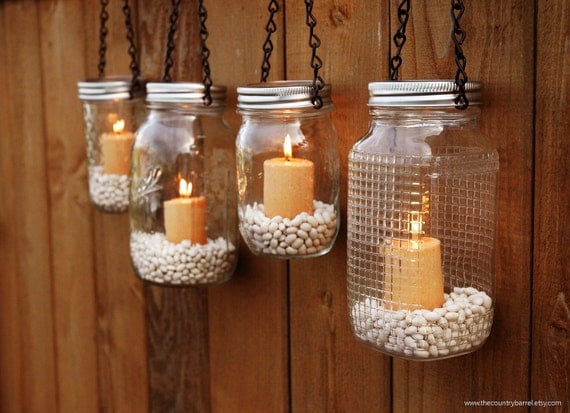 Mason Jar Lanterns Hanging Tea Light Luminaries - Set of 4